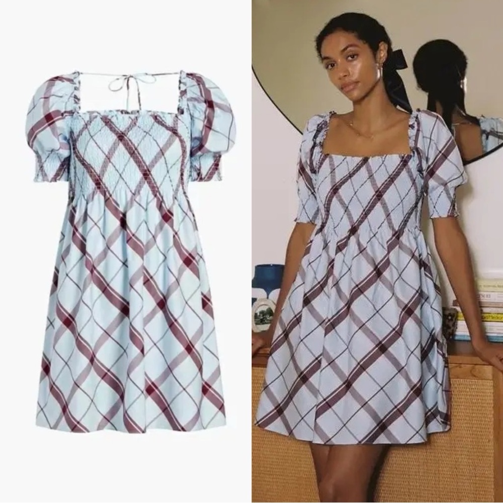 Smocked Square-Neck Mini Dress in Light Blue Plaid